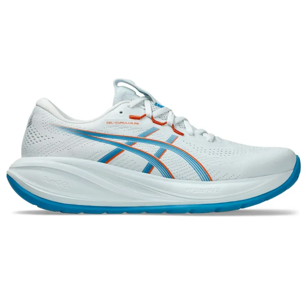 Tênis de corrida masculino Asics Gel-Cumulus 28 azul com detalhes em branco e laranja, design respirável e solado em borracha.